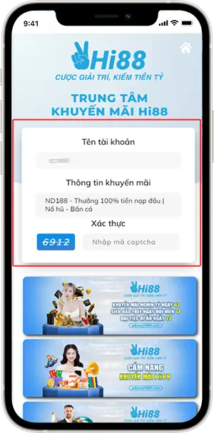 Bước 4: Điền tên đăng nhập >> Chọn khuyến mãi ND188 >> Điền chính xác mã xác nhận